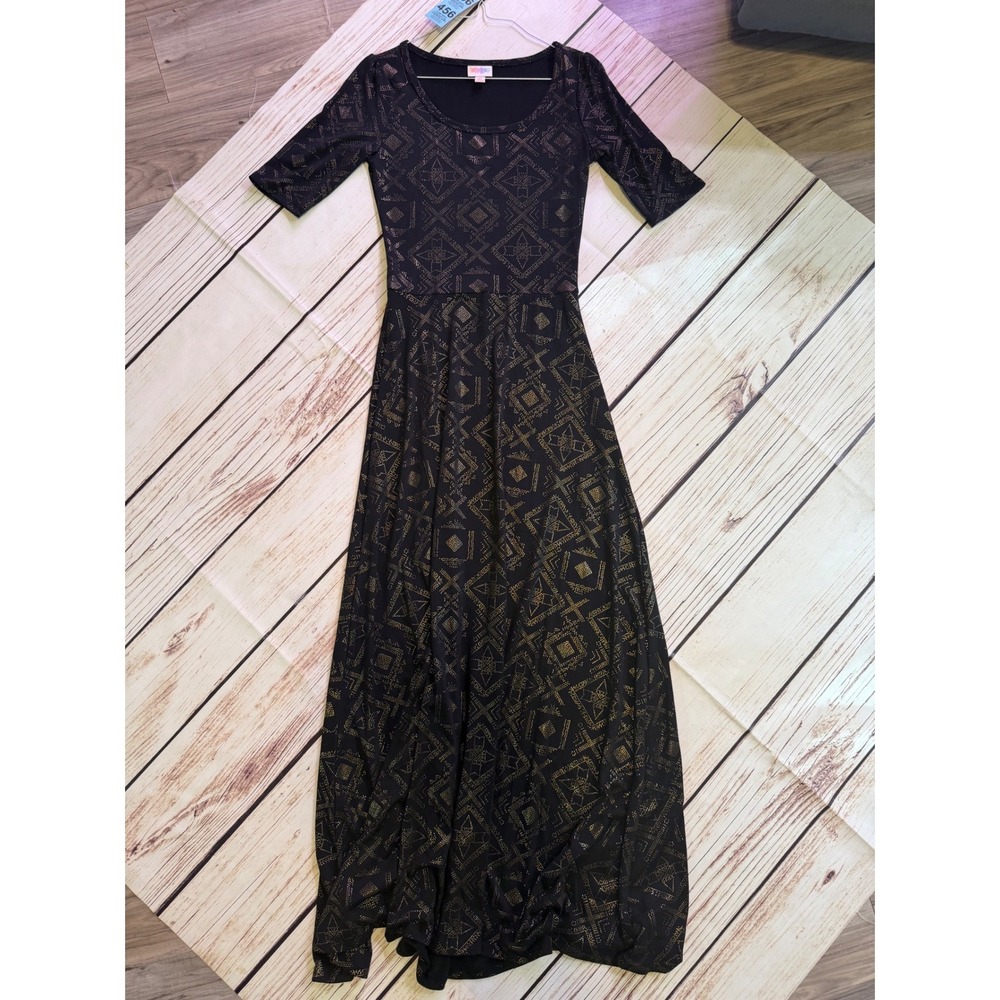 LuLaRoe Ana Maxi Dress BlackGold Metallic Geometric Diamond Print XS ElbowSleeve